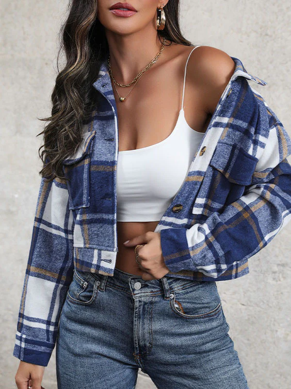 Long Sleeves Loose Buttoned Plaid Pockets Split-Joint Lapel Jackets Outerwear - Image 4