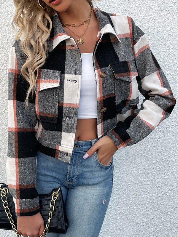 Long Sleeves Loose Buttoned Plaid Pockets Split-Joint Lapel Jackets Outerwear - Image 5