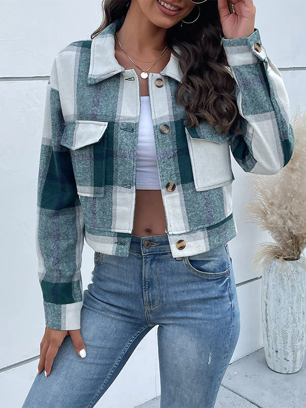 Long Sleeves Loose Buttoned Plaid Pockets Split-Joint Lapel Jackets Outerwear - Image 6
