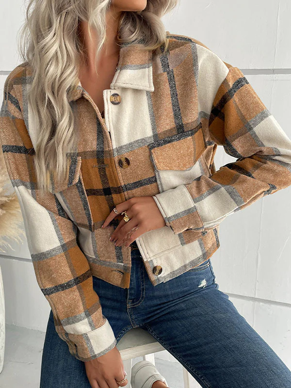 Long Sleeves Loose Buttoned Plaid Pockets Split-Joint Lapel Jackets Outerwear - Image 9