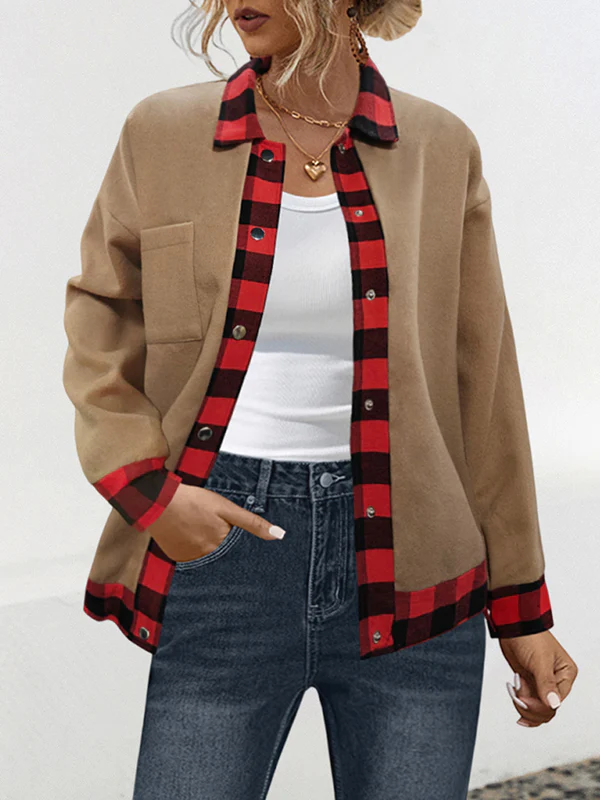 Long Sleeves Loose Buttoned Plaid Pockets Split-Joint Lapel Woolen Coat