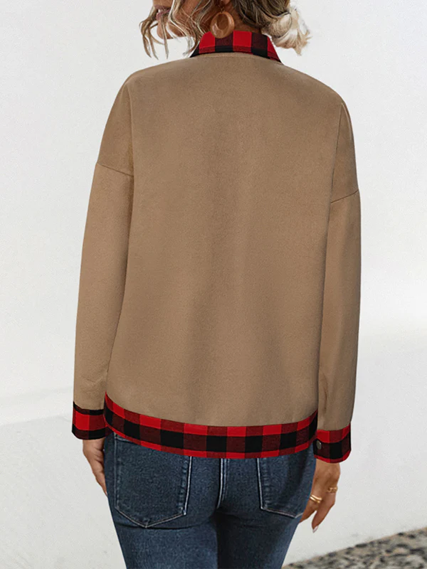 Long Sleeves Loose Buttoned Plaid Pockets Split-Joint Lapel Woolen Coat - Image 2