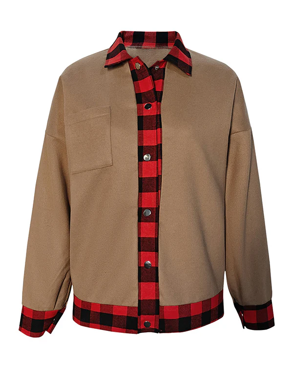 Long Sleeves Loose Buttoned Plaid Pockets Split-Joint Lapel Woolen Coat - Image 3