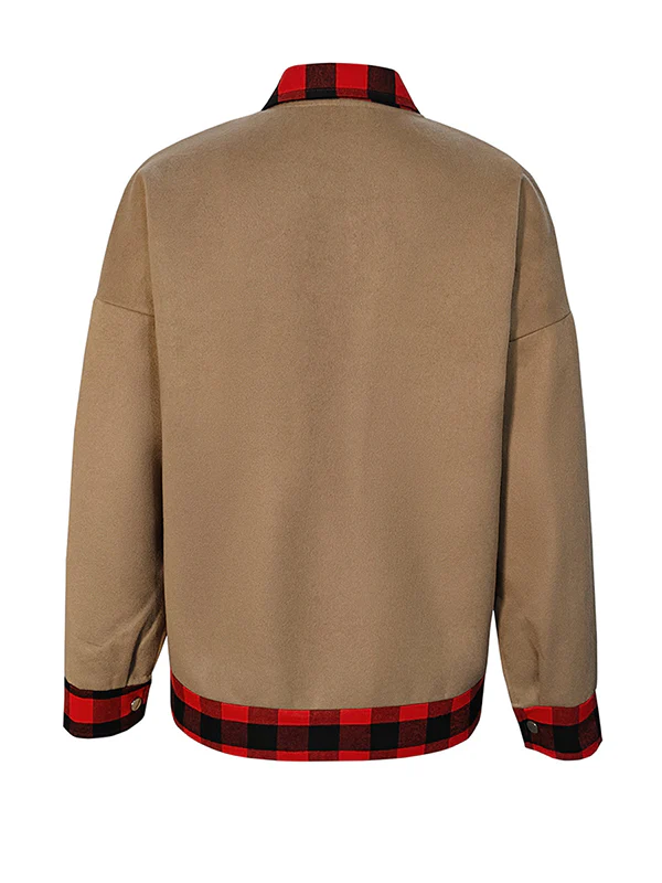 Long Sleeves Loose Buttoned Plaid Pockets Split-Joint Lapel Woolen Coat - Image 4