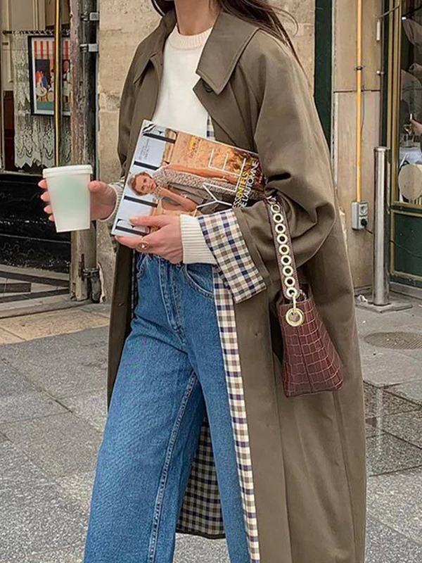 Long Sleeves Loose Buttoned Plaid Split-Joint Lapel Outerwear Trench Coats - Image 2