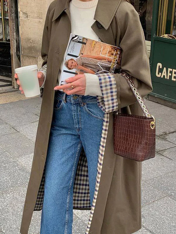 Long Sleeves Loose Buttoned Plaid Split-Joint Lapel Outerwear Trench Coats - Image 3
