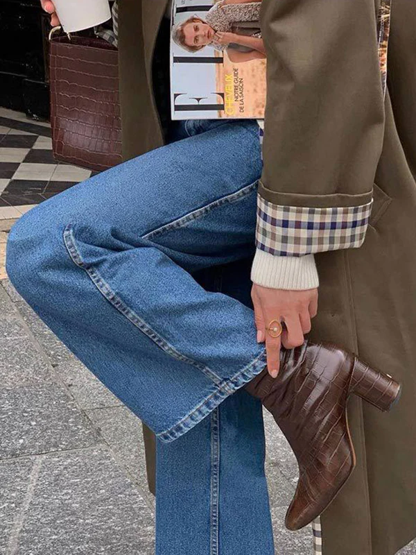 Long Sleeves Loose Buttoned Plaid Split-Joint Lapel Outerwear Trench Coats - Image 5