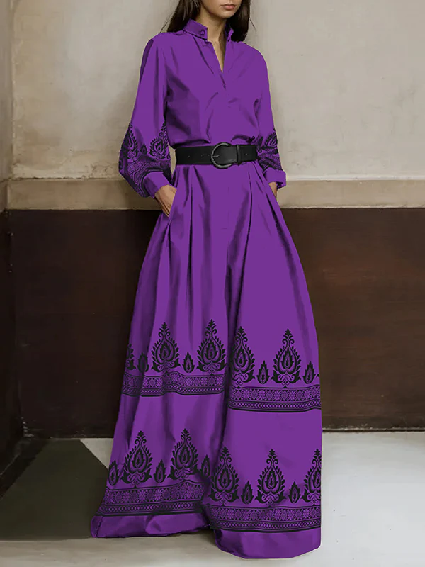 Long Sleeves Loose Buttoned Pleated Pockets Printed Stand Collar Jumpsuits - Image 3