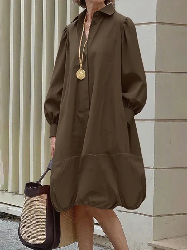 Long Sleeves Loose Buttoned Pleated Pockets Solid Color Lapel Midi Dresses - Image 3