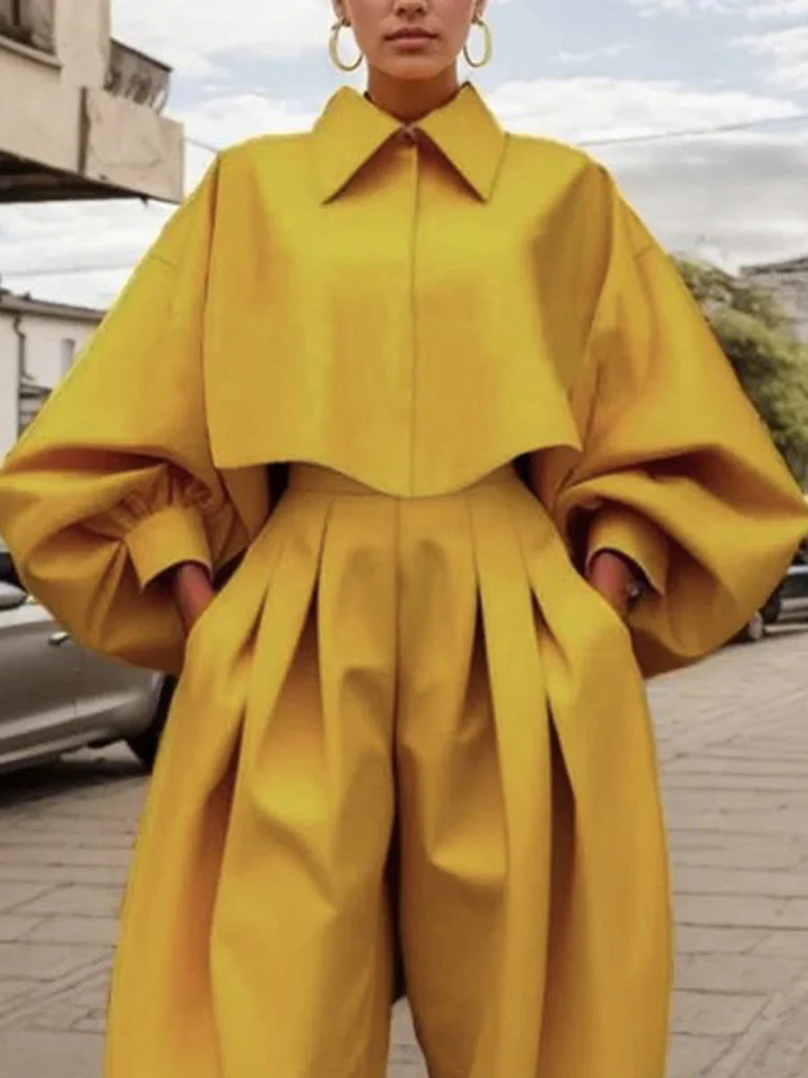 Long Sleeves Loose Buttoned Pleated Pockets Solid Color Lapel Two Pieces Set - Image 2
