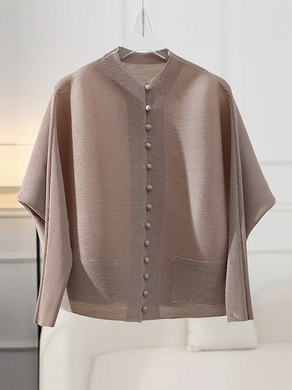 Long Sleeves Loose Buttoned Pleated Pockets Solid Color Round-Neck Outerwear - Image 10
