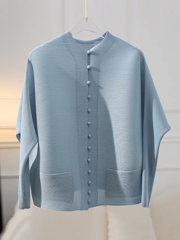 Long Sleeves Loose Buttoned Pleated Pockets Solid Color Round-Neck Outerwear - Image 11