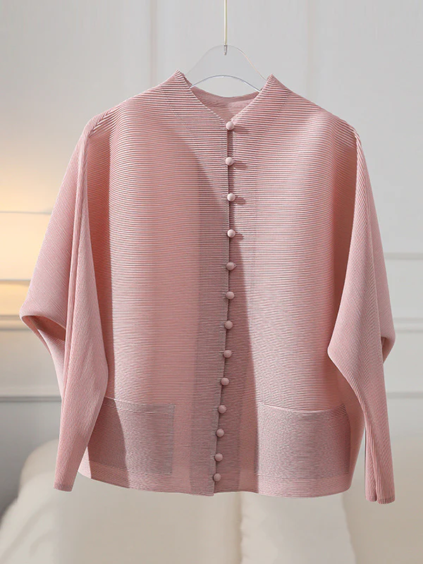 Long Sleeves Loose Buttoned Pleated Pockets Solid Color Round-Neck Outerwear - Image 12