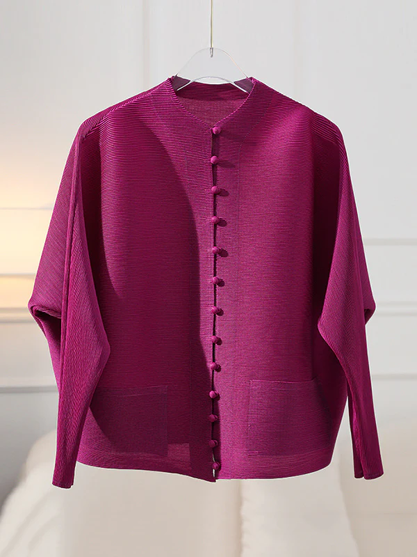 Long Sleeves Loose Buttoned Pleated Pockets Solid Color Round-Neck Outerwear - Image 13