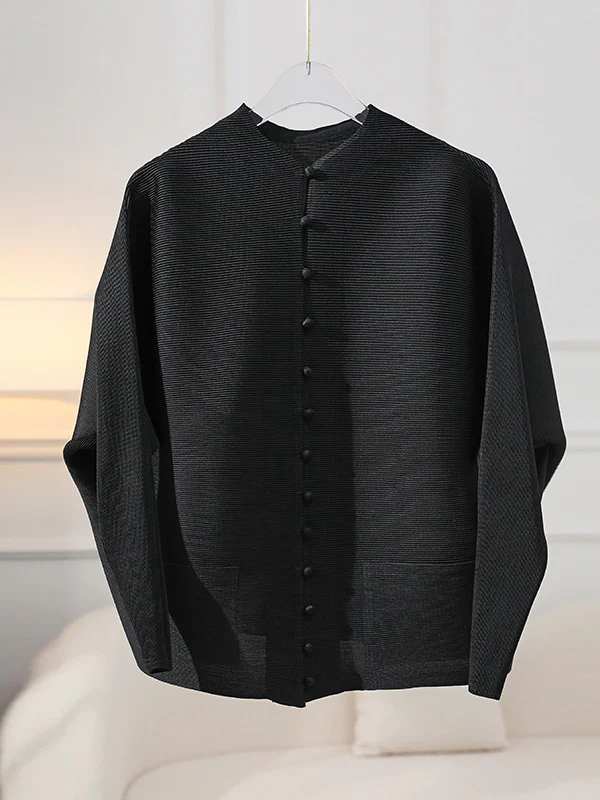 Long Sleeves Loose Buttoned Pleated Pockets Solid Color Round-Neck Outerwear - Image 14