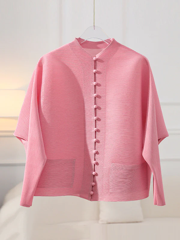 Long Sleeves Loose Buttoned Pleated Pockets Solid Color Round-Neck Outerwear - Image 15