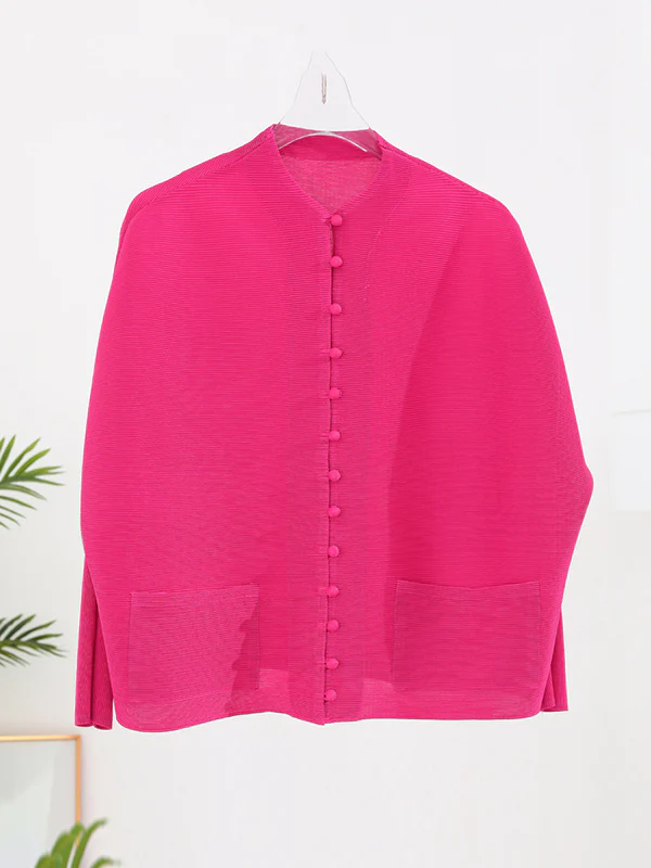 Long Sleeves Loose Buttoned Pleated Pockets Solid Color Round-Neck Outerwear - Image 16