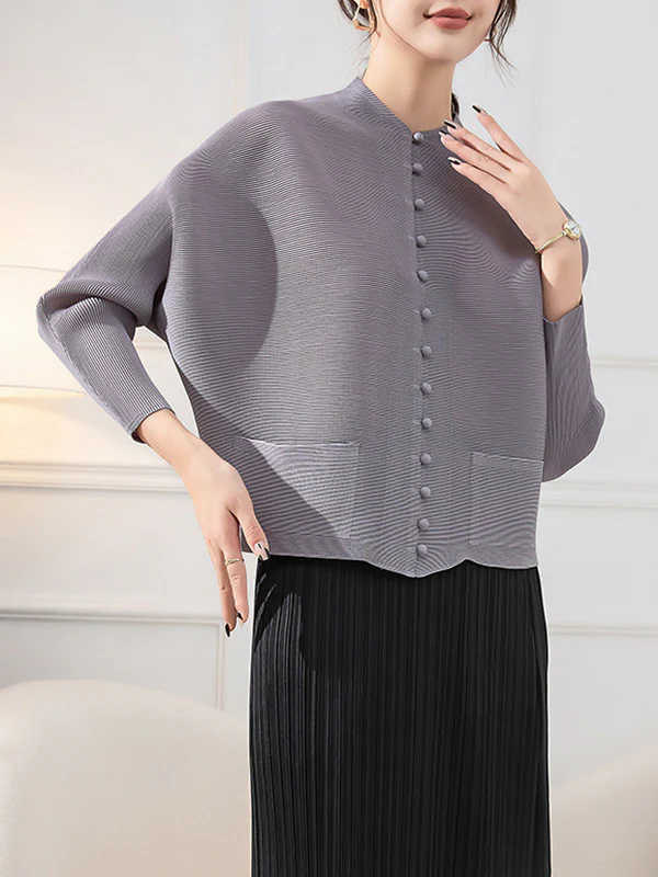 Long Sleeves Loose Buttoned Pleated Pockets Solid Color Round-Neck Outerwear - Image 2