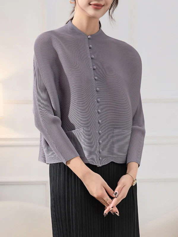 Long Sleeves Loose Buttoned Pleated Pockets Solid Color Round-Neck Outerwear - Image 4