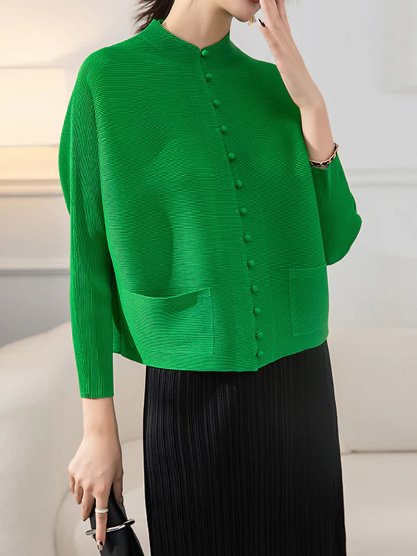Long Sleeves Loose Buttoned Pleated Pockets Solid Color Round-Neck Outerwear - Image 5