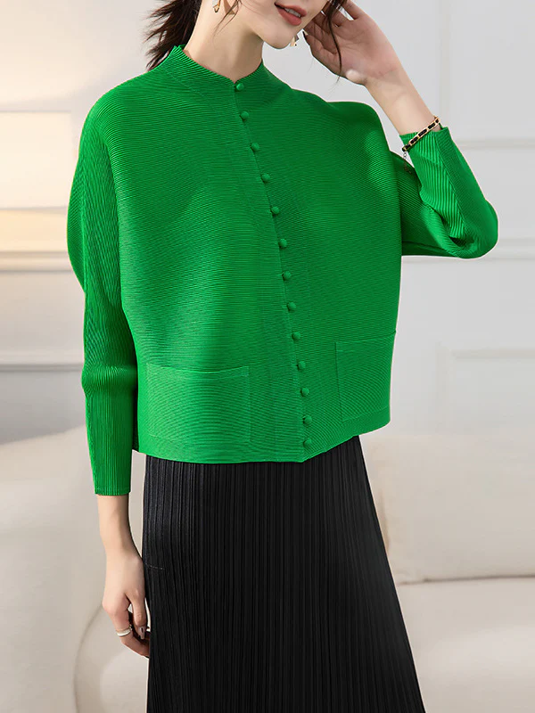 Long Sleeves Loose Buttoned Pleated Pockets Solid Color Round-Neck Outerwear - Image 6