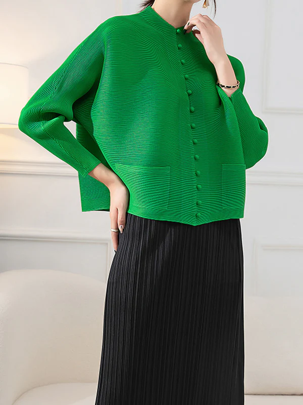 Long Sleeves Loose Buttoned Pleated Pockets Solid Color Round-Neck Outerwear - Image 7