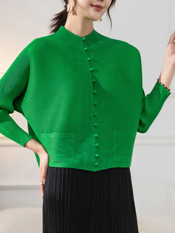 Long Sleeves Loose Buttoned Pleated Pockets Solid Color Round-Neck Outerwear - Image 8