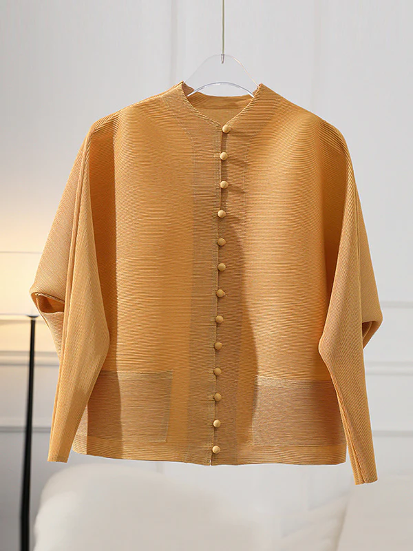 Long Sleeves Loose Buttoned Pleated Pockets Solid Color Round-Neck Outerwear - Image 9