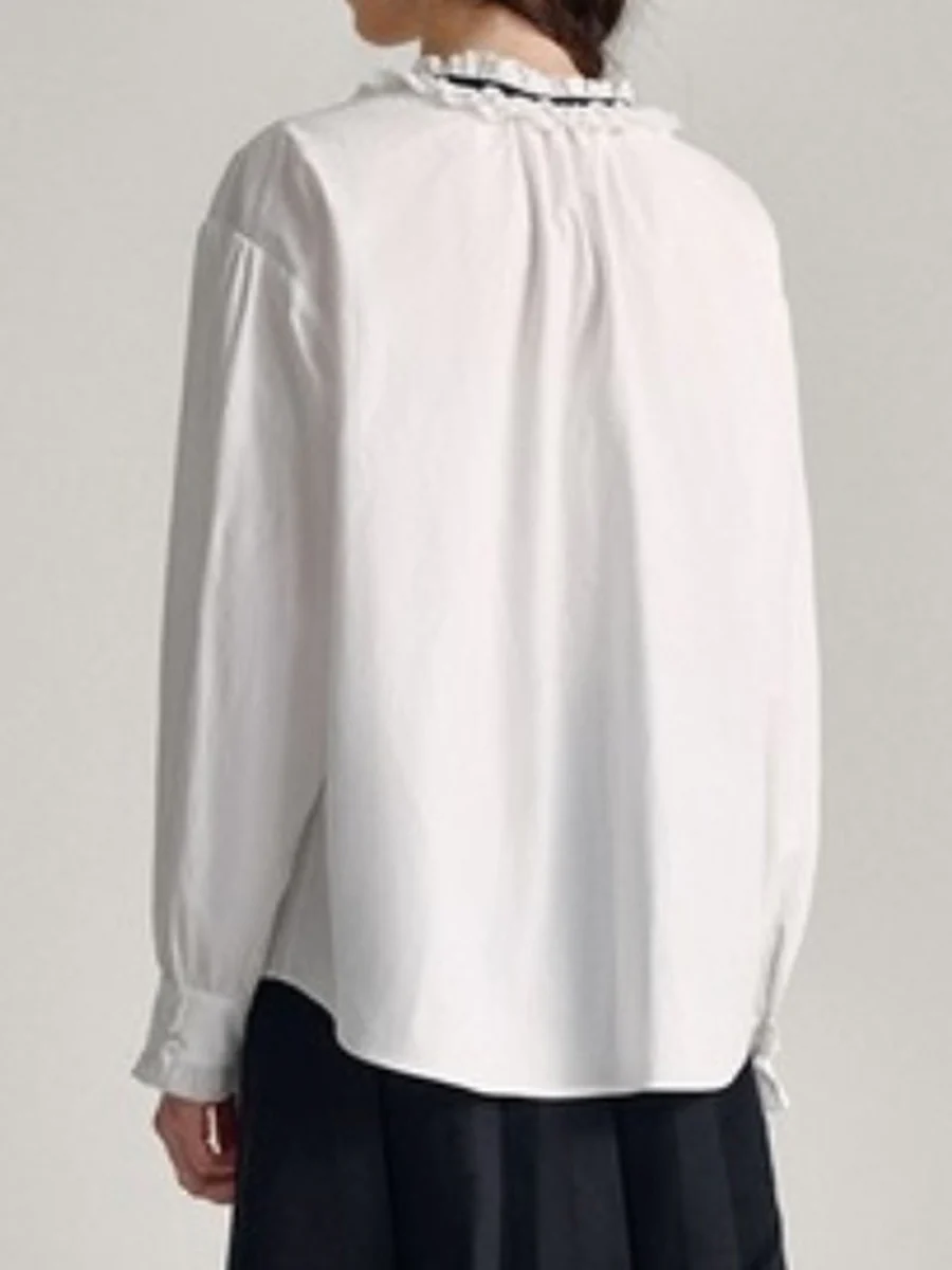 Long Sleeves Loose Buttoned Pleated Ruffled Solid Color V-Neck Blouses&Shirts Tops - Image 2