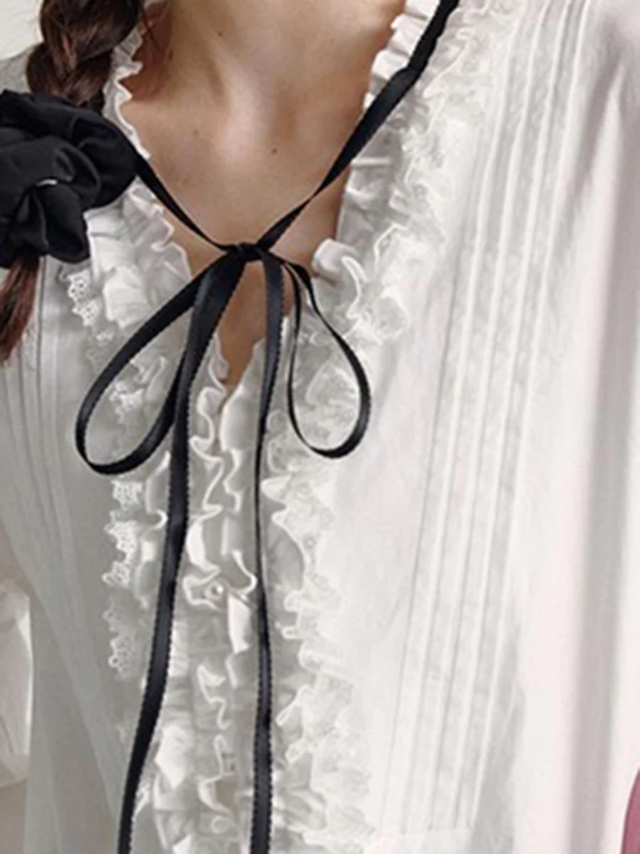 Long Sleeves Loose Buttoned Pleated Ruffled Solid Color V-Neck Blouses&Shirts Tops - Image 3