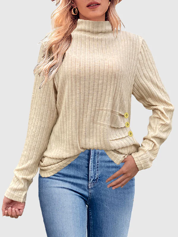 Long Sleeves Loose Buttoned Pleated Solid Color High Neck T-Shirts Tops - Image 2