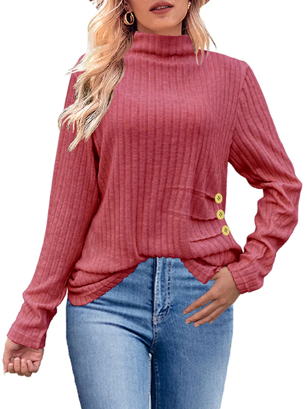 Long Sleeves Loose Buttoned Pleated Solid Color High Neck T-Shirts Tops - Image 3