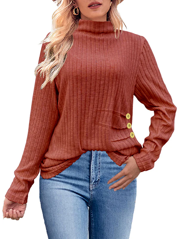 Long Sleeves Loose Buttoned Pleated Solid Color High Neck T-Shirts Tops - Image 4