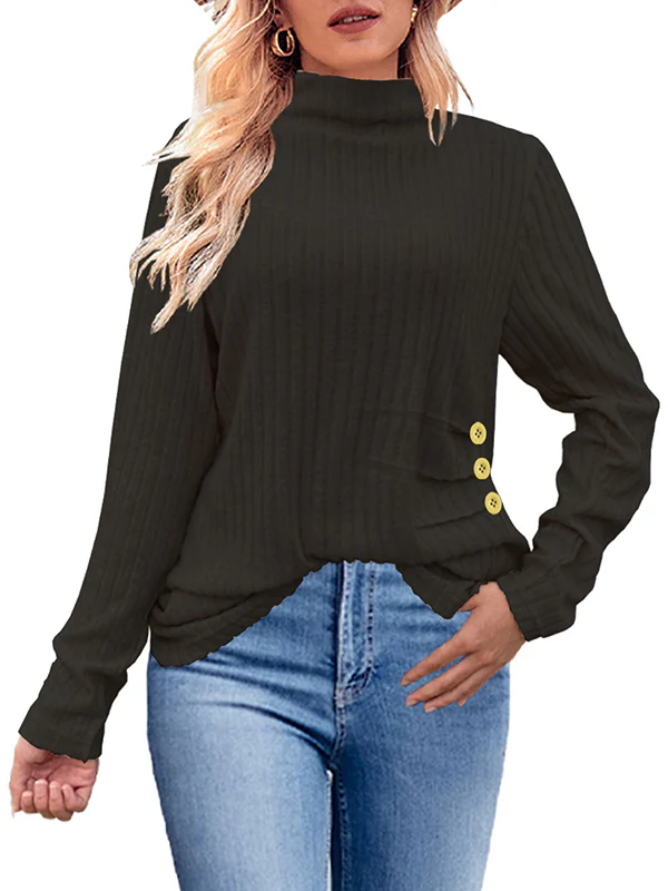 Long Sleeves Loose Buttoned Pleated Solid Color High Neck T-Shirts Tops - Image 5