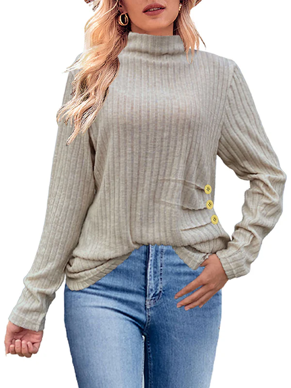 Long Sleeves Loose Buttoned Pleated Solid Color High Neck T-Shirts Tops - Image 6