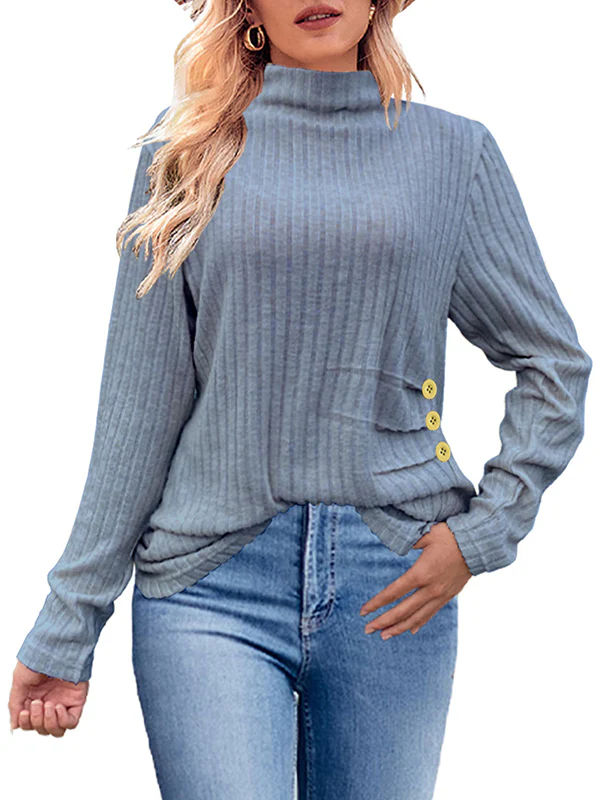 Long Sleeves Loose Buttoned Pleated Solid Color High Neck T-Shirts Tops - Image 7