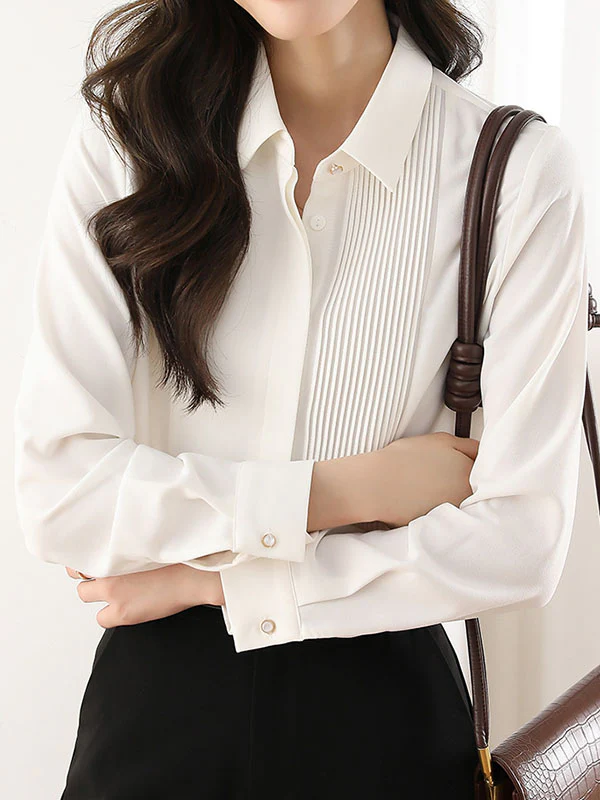 Long Sleeves Loose Buttoned Pleated Solid Color Lapel Blouses&Shirts Tops - Image 10