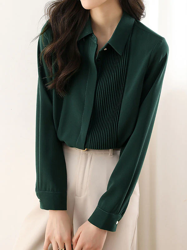 Long Sleeves Loose Buttoned Pleated Solid Color Lapel Blouses&Shirts Tops - Image 11