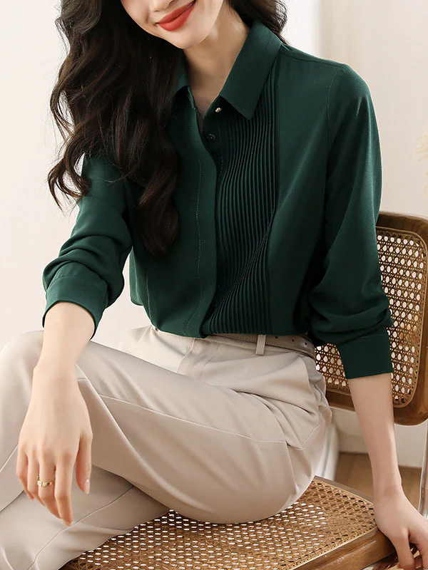 Long Sleeves Loose Buttoned Pleated Solid Color Lapel Blouses&Shirts Tops - Image 12