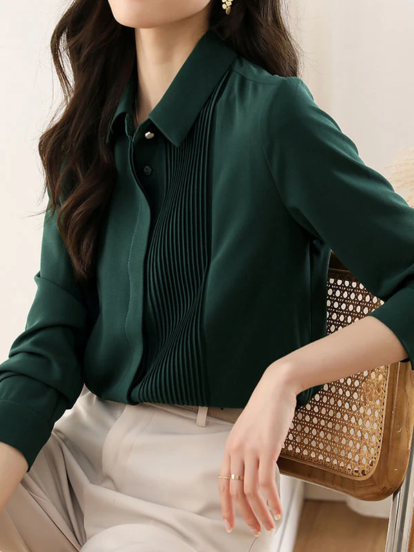 Long Sleeves Loose Buttoned Pleated Solid Color Lapel Blouses&Shirts Tops - Image 13