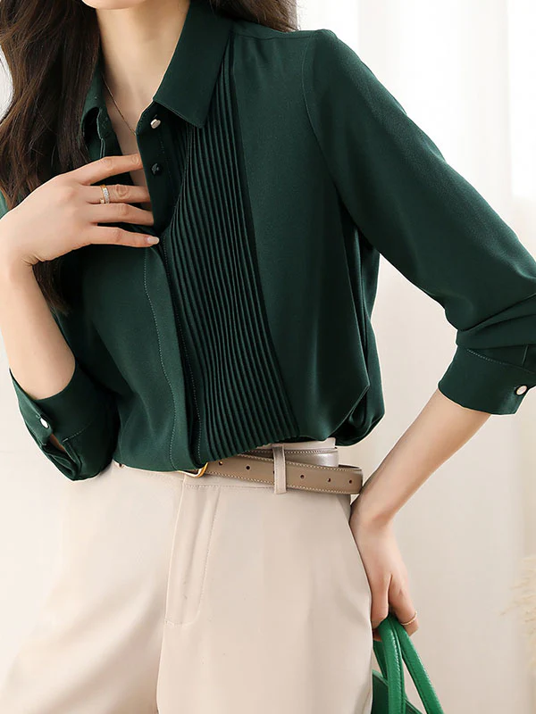 Long Sleeves Loose Buttoned Pleated Solid Color Lapel Blouses&Shirts Tops - Image 14