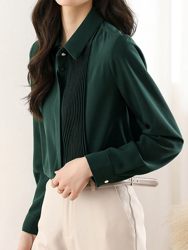Long Sleeves Loose Buttoned Pleated Solid Color Lapel Blouses&Shirts Tops - Image 15