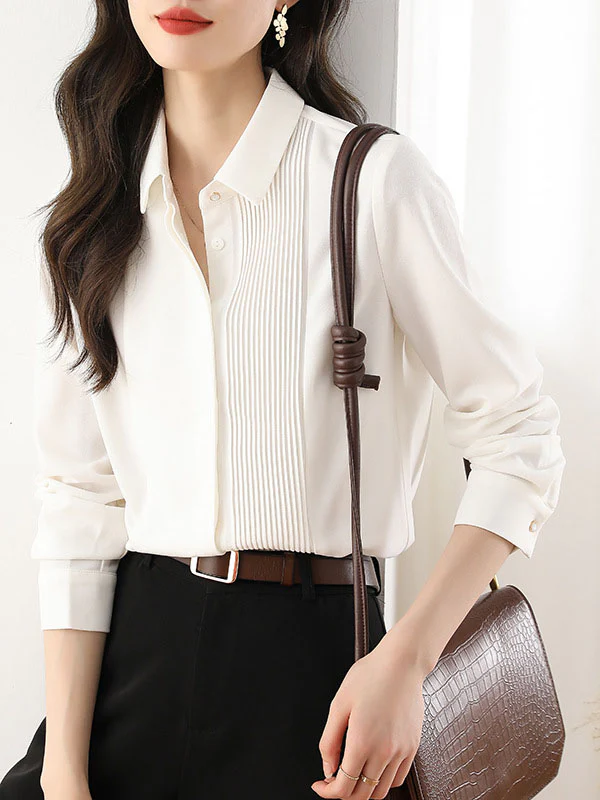 Long Sleeves Loose Buttoned Pleated Solid Color Lapel Blouses&Shirts Tops - Image 2