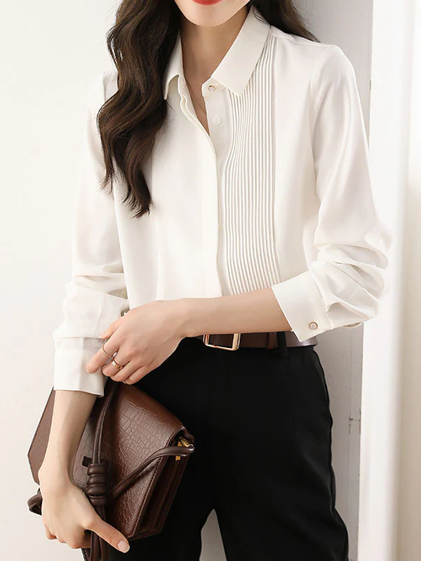 Long Sleeves Loose Buttoned Pleated Solid Color Lapel Blouses&Shirts Tops - Image 3