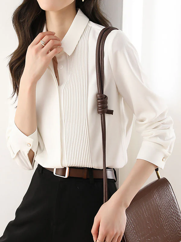 Long Sleeves Loose Buttoned Pleated Solid Color Lapel Blouses&Shirts Tops - Image 4