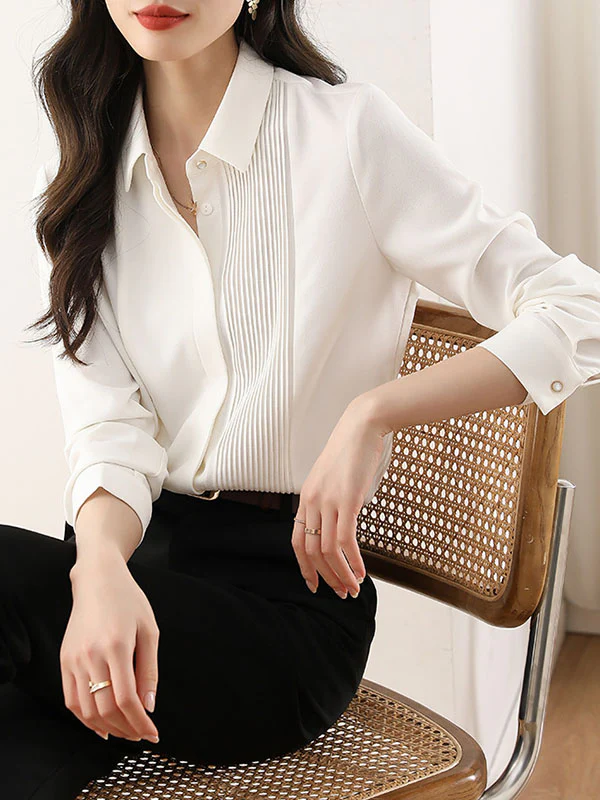 Long Sleeves Loose Buttoned Pleated Solid Color Lapel Blouses&Shirts Tops - Image 5