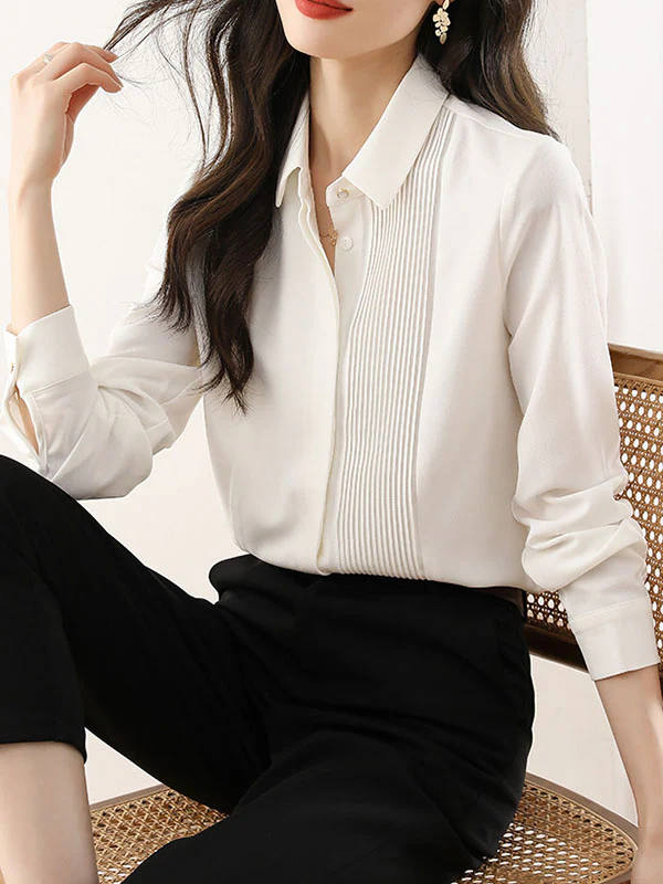Long Sleeves Loose Buttoned Pleated Solid Color Lapel Blouses&Shirts Tops - Image 6