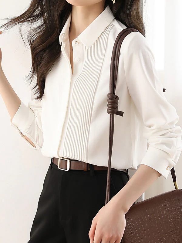 Long Sleeves Loose Buttoned Pleated Solid Color Lapel Blouses&Shirts Tops - Image 7