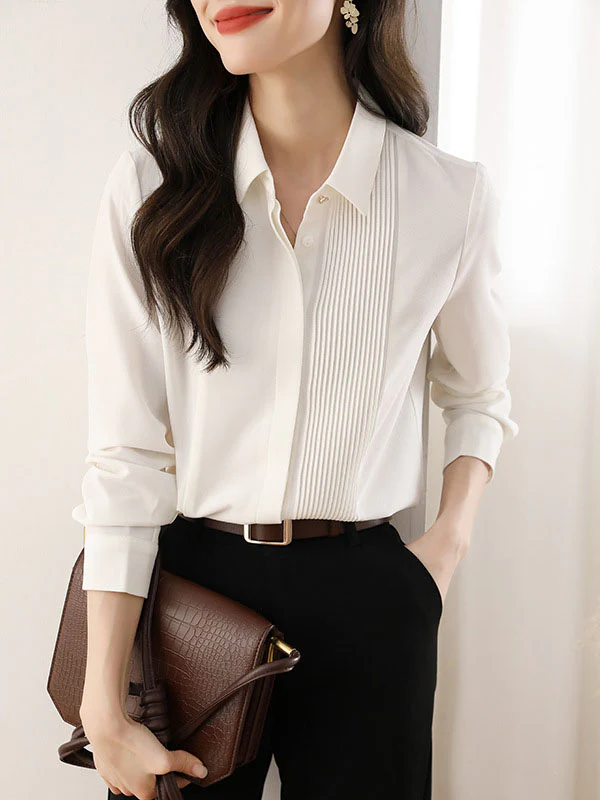 Long Sleeves Loose Buttoned Pleated Solid Color Lapel Blouses&Shirts Tops - Image 8