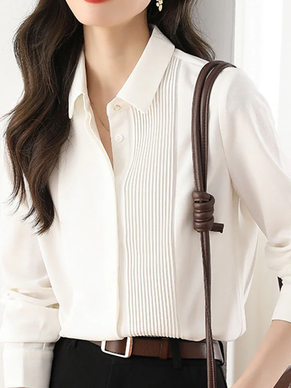 Long Sleeves Loose Buttoned Pleated Solid Color Lapel Blouses&Shirts Tops - Image 9